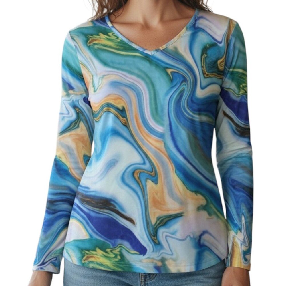 Sakurafina Blue White Orange Marble Print Long Sleeve Top Women's Size S